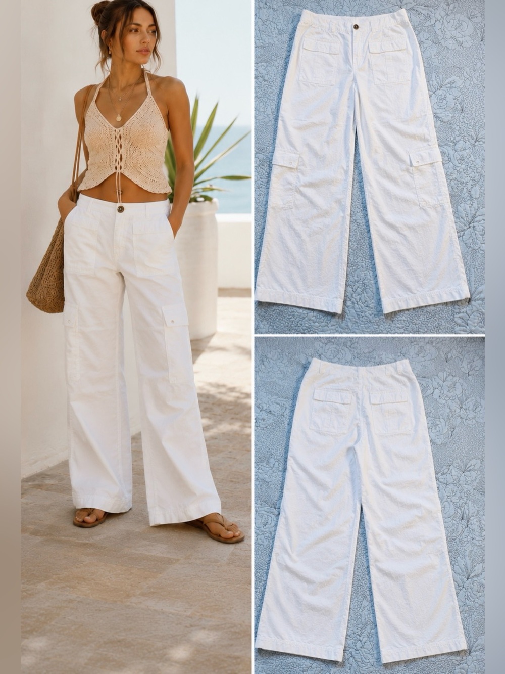 Free People The Thing Is Mid Rise Utility Pants Optic White Cargo Wide Leg~2🧡